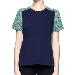J. Crew Tweed Sleeve Tee Shirt 100% Cotton Preppy Chic Navy Green - Small